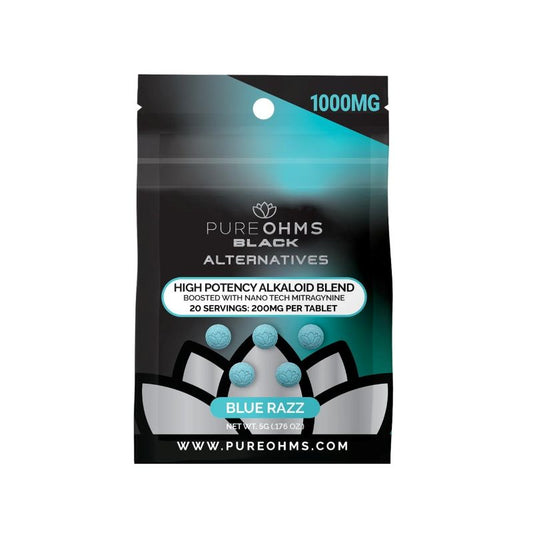 blue razz front pure ohms black high potency alkaloid tablets